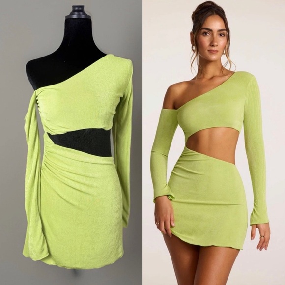 Oh Polly Dresses & Skirts - Oh Polly Textured Jersey Asymmetric Cut Out Mini Dress In Lime- Size 6 NWT